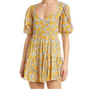 Mille Amelia Dress - Lemon pattern - size small - puff sleeve, v neck, pockets